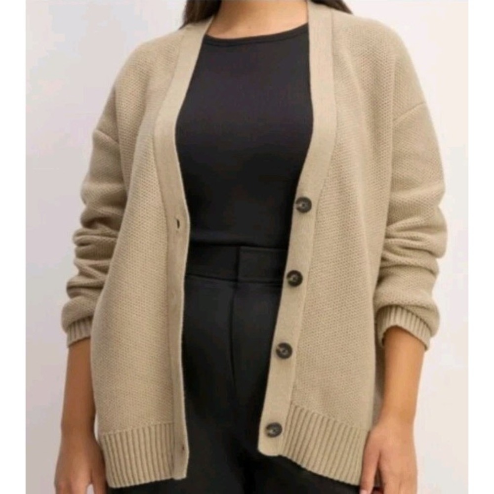 Everlane Womens Organic Cotton Honeycomb Cardigan Beige V Neck Oversized Small
